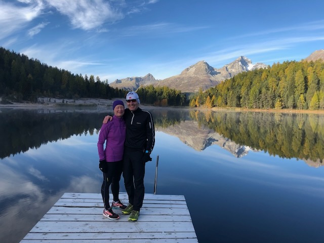 Dagmar and Markus at the Engadin lake, autumn reflection