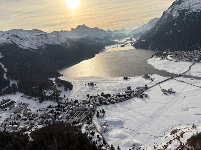 Engadin winter aerial — Silvaplana lake at sunset